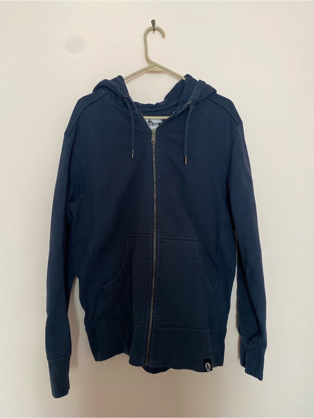 American Giant men’s navy blue heavyweight cotton zip- up hoodie